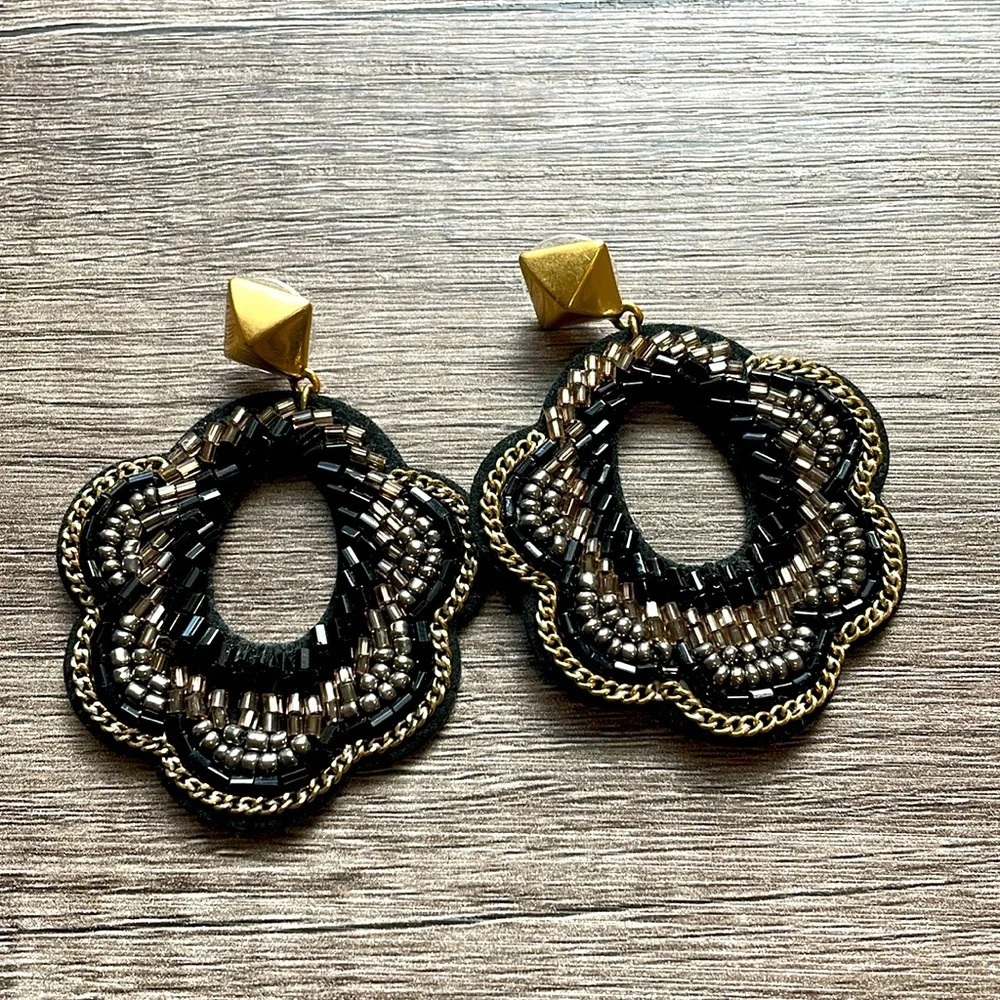 Stella & Dot Silver Gold Bead Black Dove Leather Lightweight Statement Earrings